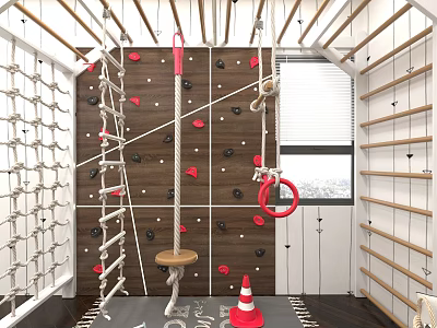 Indoor Kids Climbing Room With Wall Ropes And Gym Rings 3d model