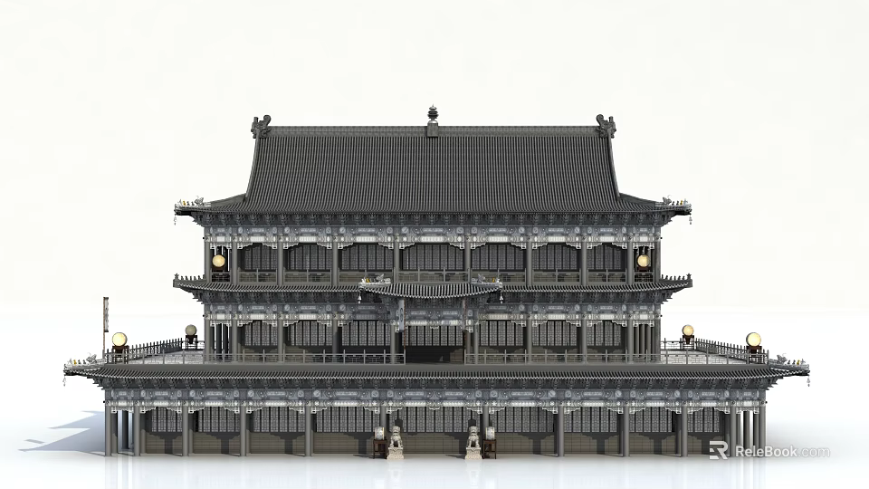 Traditional Ancient Architecture With Two Story Design Tile Roof And Ornate Columns 3d model 
