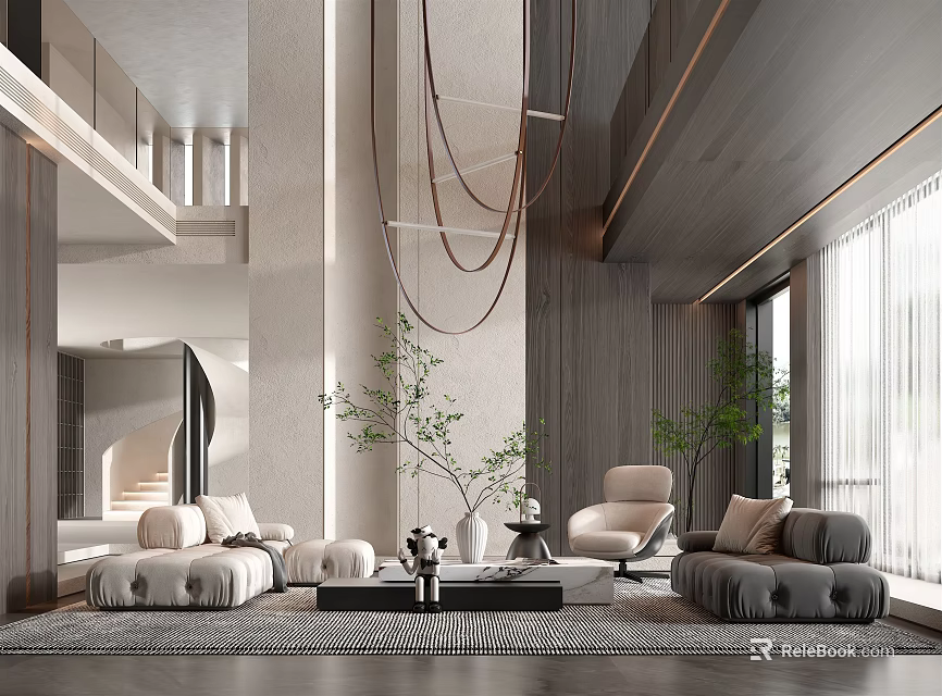Modern Duplex Living Room With High Ceiling Chandelier Sofa Armchair Coffee Table And Natural Light 3d model 