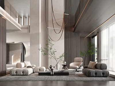 Modern Duplex Living Room With High Ceiling Chandelier Sofa Armchair Coffee Table And Natural Light 3d model