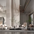Modern Duplex Living Room With High Ceiling Chandelier Sofa Armchair Coffee Table And Natural Light