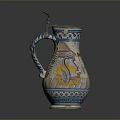 Decorative Household Ceramic Pitcher With Blue Yellow Patterns Curved Handle And Ornate Lid
