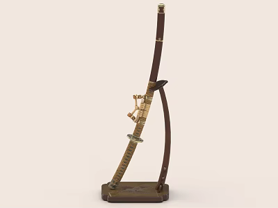 Traditional Japanese Sword With Wooden Sheath Brown Stand And Metal Fittings 3d model