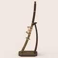Traditional Japanese Sword With Wooden Sheath Brown Stand And Metal Fittings