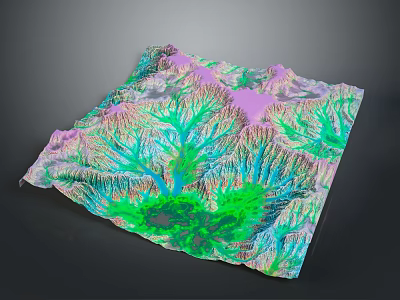Colorful 3D Topographic Landscape Featuring Green Purple Blue Terrain Textures and Mountain Valleys 3d model