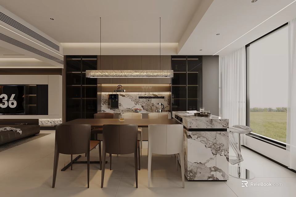 Modern Open Dining Living Room Interior Design With Marble Table Pendant Lights And Large Windows 3d model 