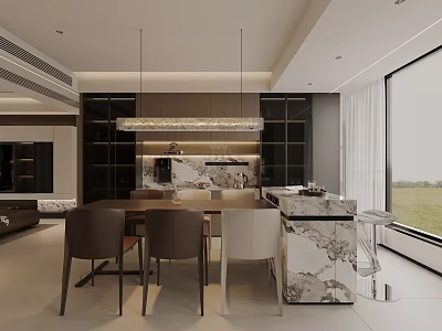 Modern Open Dining Living Room Interior Design With Marble Table Pendant Lights And Large Windows 3d model