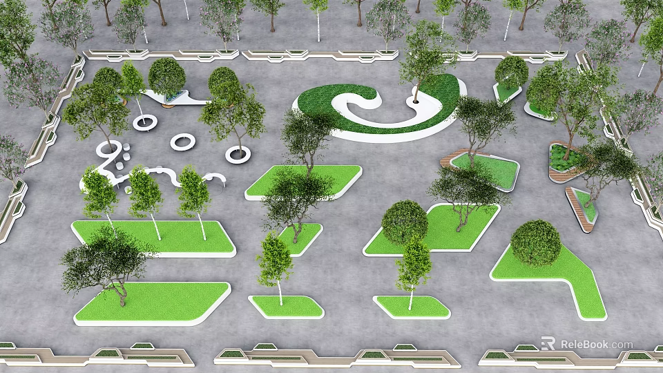 Creative Tree Pit Landscape Design In Urban Park With Various Shapes Green Turf And Trees 3d model 