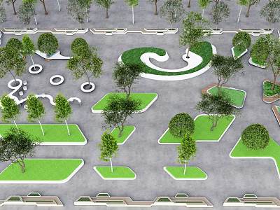 Creative Tree Pit Landscape Design In Urban Park With Various Shapes Green Turf And Trees 3d model