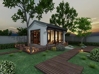 Garden Landscape Design With Small Cottage Wooden Walkway Lush Lawn And Green Plants 3d model