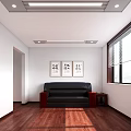 Modern Office Interior Featuring White Walls Wooden Flooring Black Sofa Decorative Paintings And Window Blinds