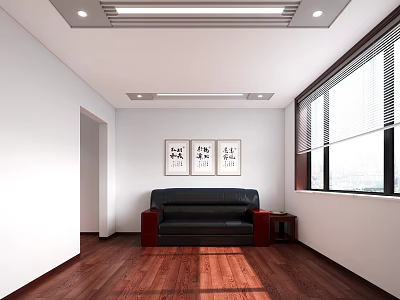 Modern Office Interior Featuring White Walls Wooden Flooring Black Sofa Decorative Paintings And Window Blinds 3d model
