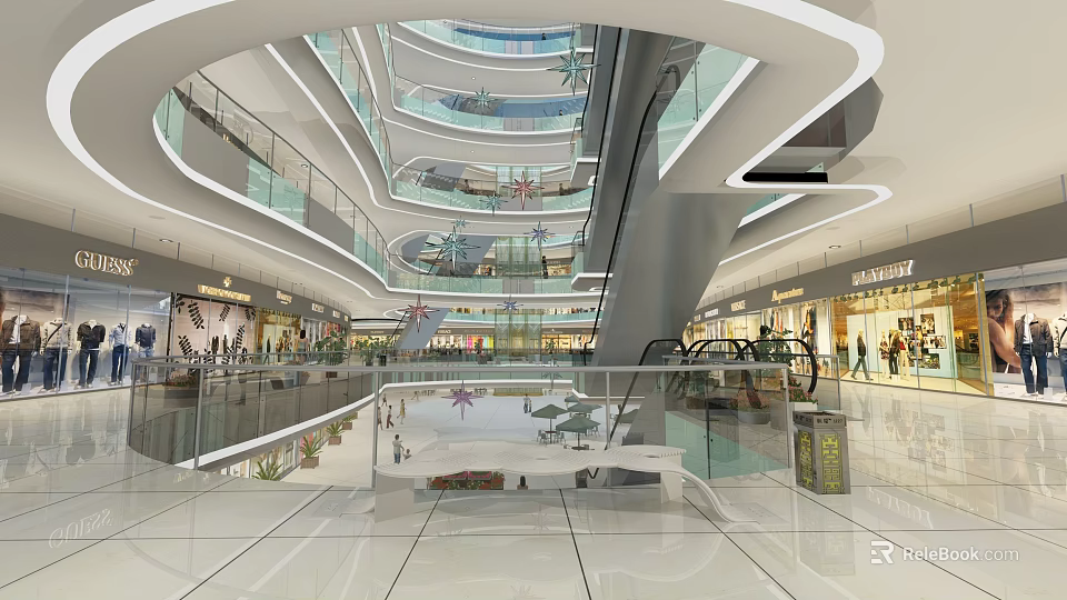 Modern Shopping Mall Atrium With Multi Level Glass Railings Bright Lighting And Polished Floors 3d model 