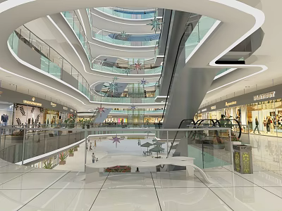 Modern Shopping Mall Atrium With Multi Level Glass Railings Bright Lighting And Polished Floors 3d model
