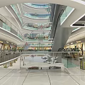 Modern Shopping Mall Atrium With Multi Level Glass Railings Bright Lighting And Polished Floors