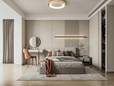 Modern Bedroom Interior Design With Gray Bed Pillows Dressing Table Round Mirror And Orange Chair 3d model