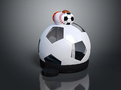 Stacked Sports Equipment Display With Soccer Ball Baseball And Black Base Structure 3d model