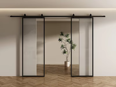 Modern Sliding Barn Door With Glass Panels And Black Frame In Interior 3d model