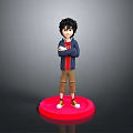 3D Man in Blue Jacket Red Shirt Brown Shorts with Crossed Arms on Red Base