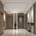Modern Hotel Corridor With Wooden Doors Room Number Signs And Wave Pattern Carpet
