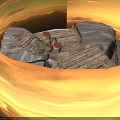 Rustic Rock Formation With Wooden Planks Platform And Metal Cans