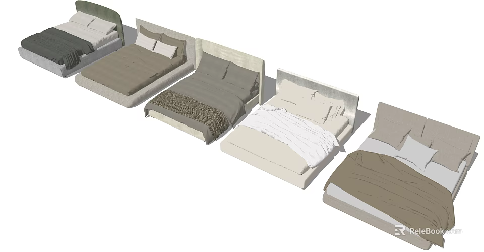 Various Modern Double Bed Designs With Different Headboards And Bedding Styles 3d model