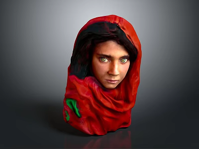 Woman Head Sculpture With Red Headscarf And Green Patterns On Gray Background 3d model