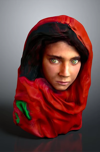 Woman Head Sculpture With Red Headscarf And Green Patterns On Gray Background 3d model