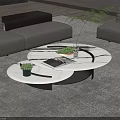 Modern Living Room Sofa and Coffee Table Set with Grey Sectional and Round Marble Top