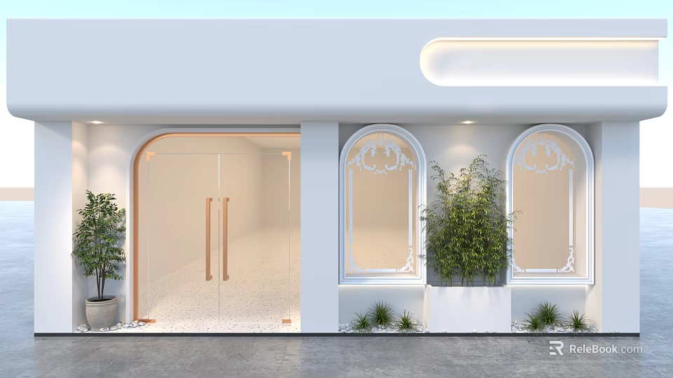 Modern Shop Front With Arched Glass Door White Wall Arched Windows And Green Plants 3d model 