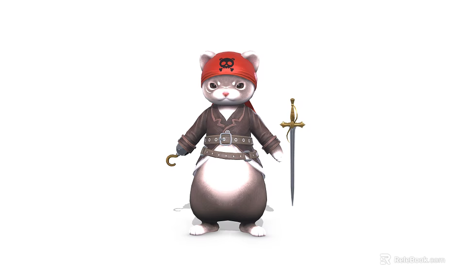 Pirate Cat in Brown Outfit With Red Skull Hat Sword and Hook 3d model 