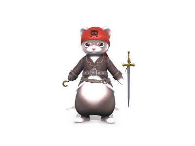 Pirate Cat in Brown Outfit With Red Skull Hat Sword and Hook 3d model