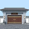 Traditional Chinese Entrance Gate With Black Tiled Roof Stone Lions And Wooden Doors