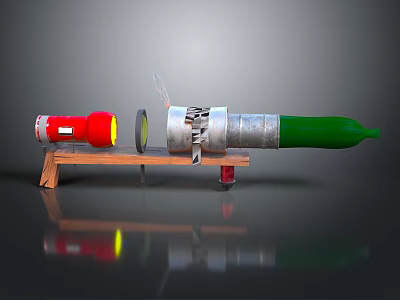 Mechanical Device Model On Wooden Stand With Red Green Cylinders And Metal Components 3d model