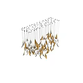 Gold and Silver Feather Shaped Chandelier Hanging Illuminated in Black Background