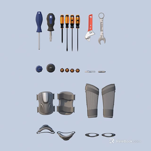 Essential Household Tools and Safety Gear Including Screwdrivers Wrenches Knee Pads and Elbow Pads 3d model 