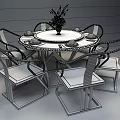 Chinese Style Round Wooden Dining Table Set With Six Chairs And Flower Vase