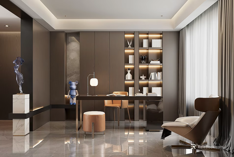 Modern Study Room Interior With Dark Cabinets Built in Bookshelves Table Lamp and Leather Chair 3d model 
