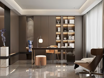 Modern Study Room Interior With Dark Cabinets Built in Bookshelves Table Lamp and Leather Chair 3d model