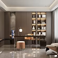 Modern Study Room Interior With Dark Cabinets Built in Bookshelves Table Lamp and Leather Chair