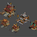Cartoon Ancient Chinese Buildings 3D Rendered With Red Golden Roofs Curved Eaves Multiple Small Structures