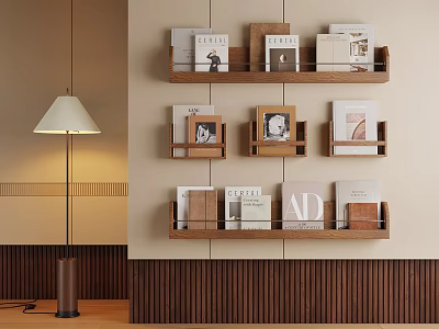 Minimalist Wooden Bookshelf With Books And Decorative Items On Multiple Shelves 3d model