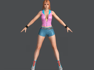 Woman with orange hair wearing pink tank top blue shorts black wristbands and gray shoes 3d model