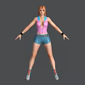 Woman with orange hair wearing pink tank top blue shorts black wristbands and gray shoes
