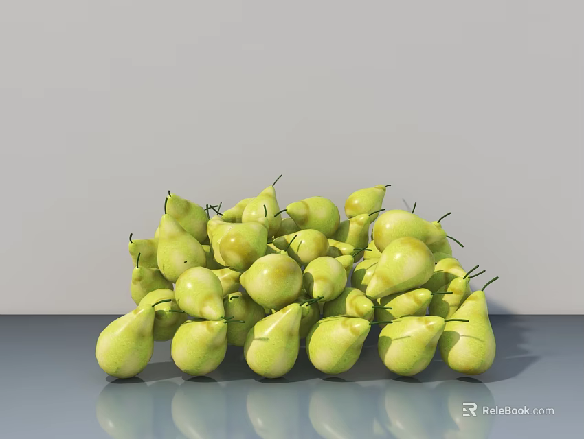 Fresh Green Pears in a Pile on a Gray Tabletop with Reflection 3d model 