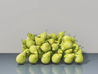 Fresh Green Pears in a Pile on a Gray Tabletop with Reflection 3d model