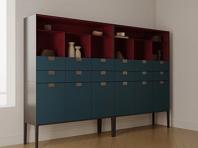 Modern Entryway Console Cabinet With Red Dark Open Compartments Blue Drawers And Metal Handles 3d model