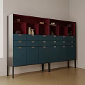 Modern Entryway Console Cabinet With Red Dark Open Compartments Blue Drawers And Metal Handles