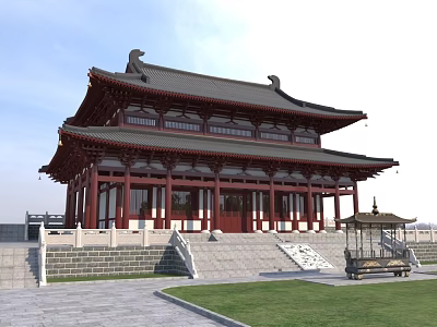Traditional Chinese Ancient Architecture Two Story Structure With Upturned Eaves Red Pillars And Gray Roof 3d model