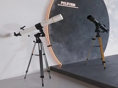 White And Black Telescopes On Tripods In POLEFORM Exhibition Setup 3d model